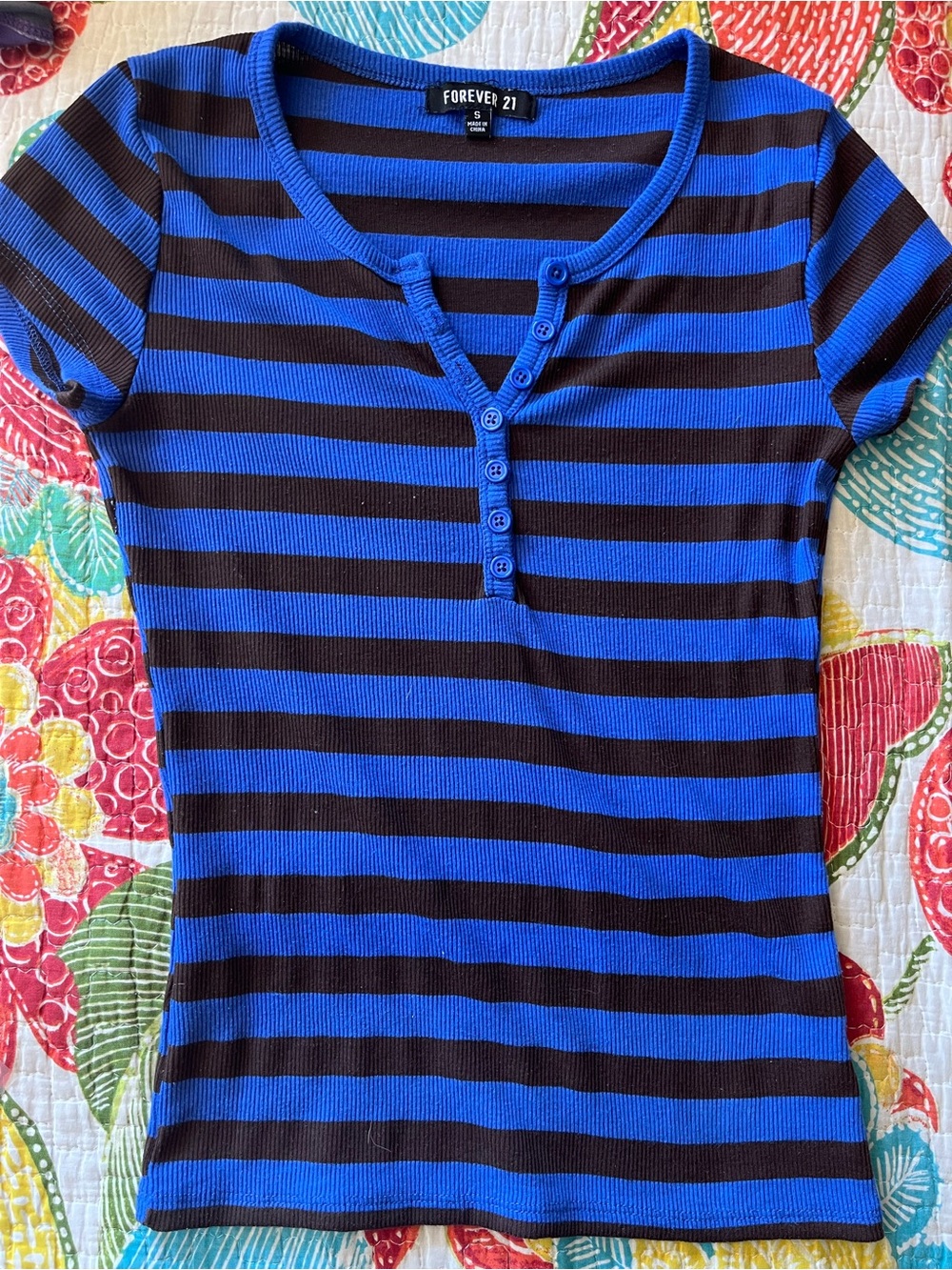 Forever 21 Blue and Black Striped Henley Short Sleeve Tee